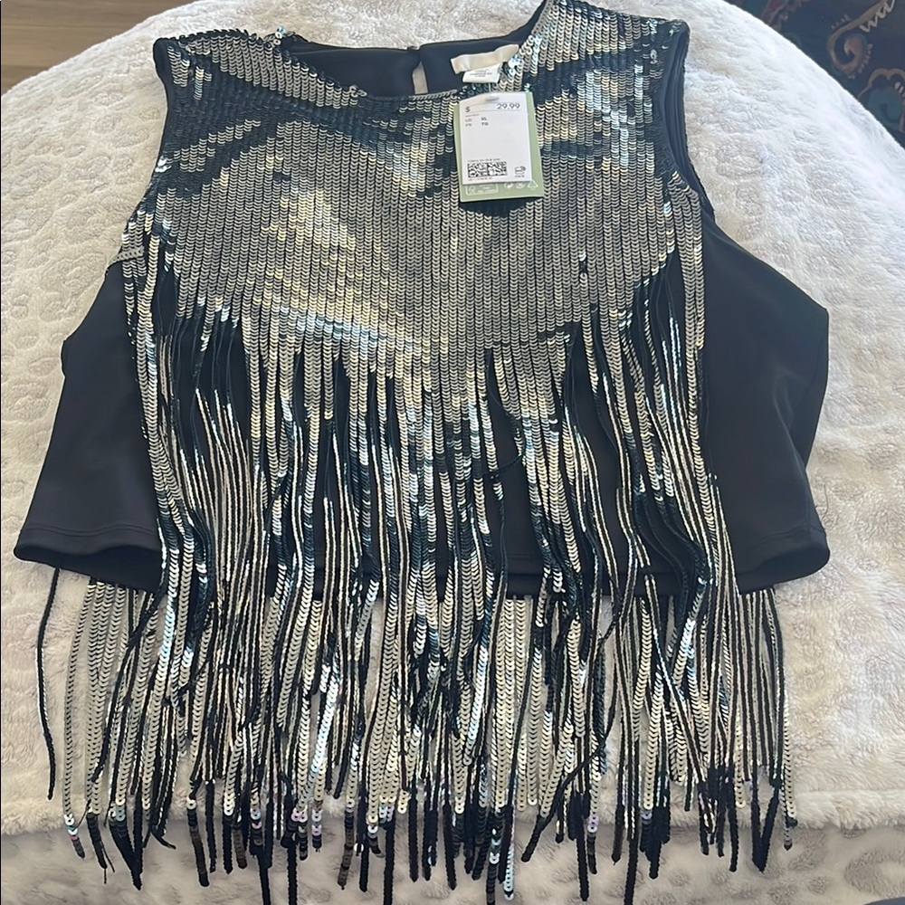 Black and Silver Sequin Fringe Top
